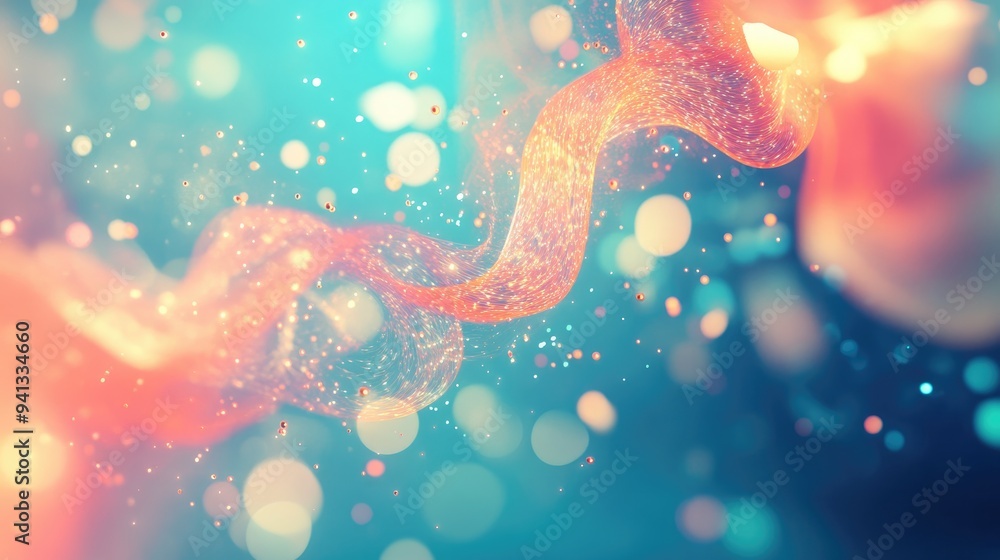 Poster abstract geometry on a turquoise background featuring plasma flow and particles in a 3d cartoon rend