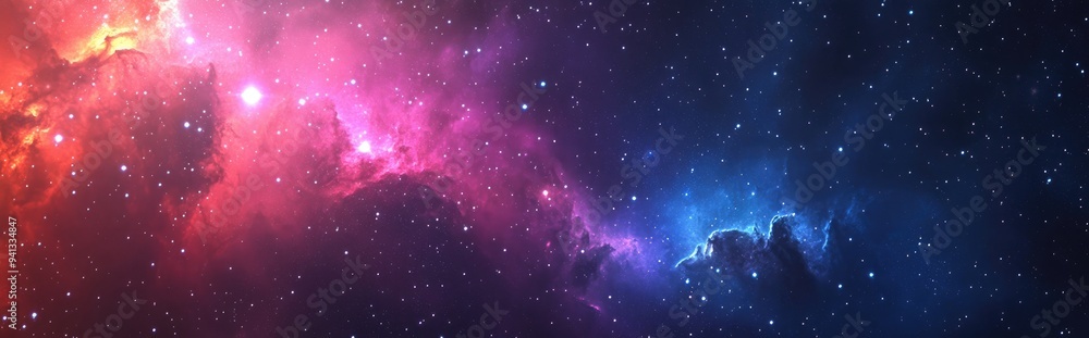 Poster Space background featuring stardust and shining stars accompanied by a colorful galaxy and realistic nebula in a 3D cartoon rendering