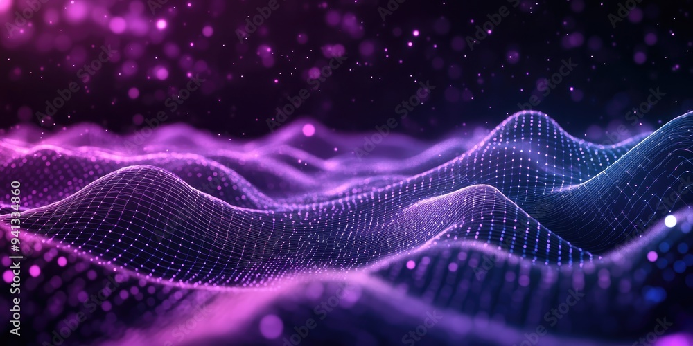 Poster abstract ultraviolet landscape depicted in a 3d cartoon rendering against a dark background featurin