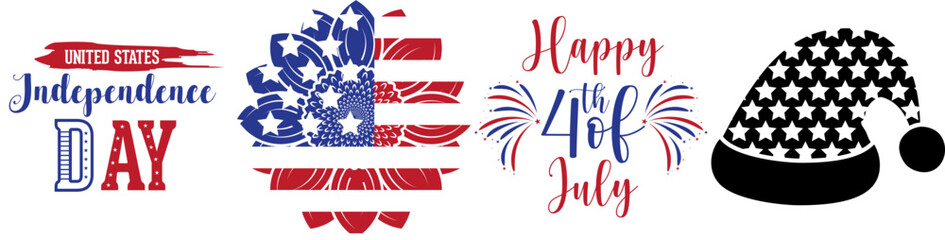 Elegant 4Th Of July Hand Lettering, Labels And Badges Bundle Vector Illustration for Icon, Holiday Cards, Wrapping Paper