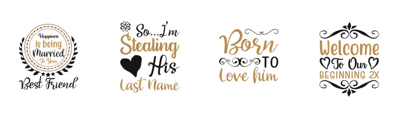 Decorative Wedding Calligraphic Lettering, Typographic Emblems Bundle Vector Illustration for Icon, Vouchers, Book Cover