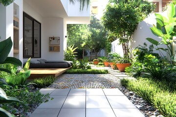 Modern Patio Design with Tropical Plants and Stone Pathway