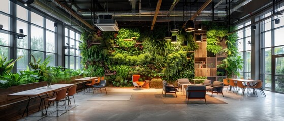 Fototapeta premium An eco-friendly office interior designed with biophilic elements, featuring a spacious open-plan workspace with living walls, natural light, and recycled furniture, promoting a healthy