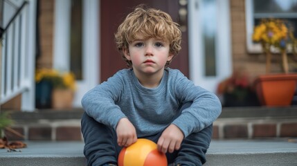 A young boy sitting on his front steps, kicking a ball back and forth with his foot, searching for something to spark his interest.