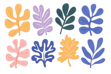 Obraz premium Leaves and plants simple shape flat design collection isolated on white