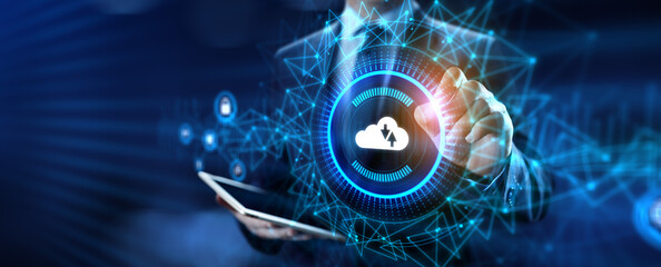Obraz premium Cloud technology networking processing data storage. Businessman pressing button on screen.