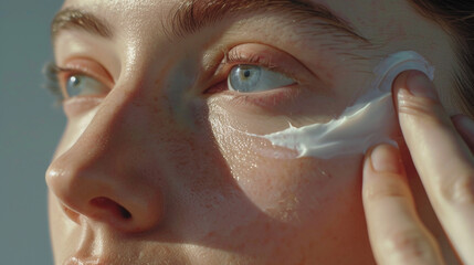 Close up portrait of a person with cream on face.