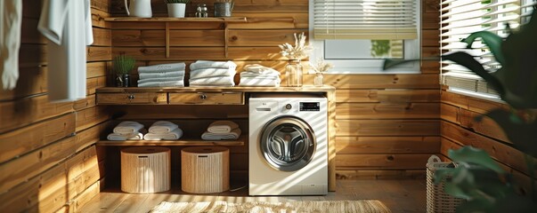 Cozy laundry room with light, washing machine, and plants in a wooden interior. Free copy space for text.