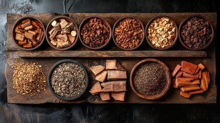 Fototapeta premium An array of wood chips and chunks, from apple to mesquite, displayed alongside smoked meats to highlight different flavor profiles.