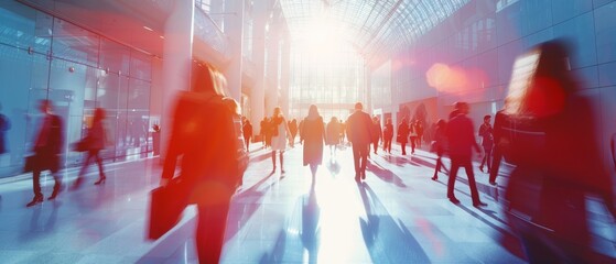 Long exposure shot of crowd of business people walking in bright office fast moving with blurry