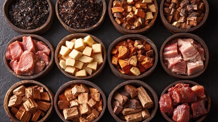 Obraz premium An array of wood chips and chunks, from apple to mesquite, displayed alongside smoked meats to highlight different flavor profiles.