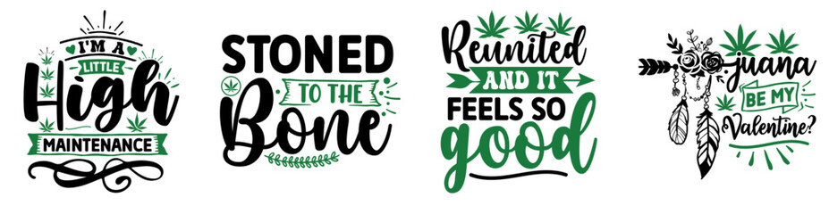 Modern Weed Hand Lettering, Trendy Retro Style Illustration Set Vector Illustration for Infographic, T-Shirt Design, Brochure
