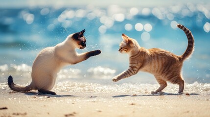 Obraz premium A Siamese cat and an orange cat playing together on a sandy beach, with an ocean view and sunny weather, capturing a joyful and playful scene........