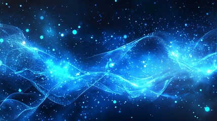 Obraz premium Abstract background with blue glowing energy waves emanating from microscopic particles and lines. 