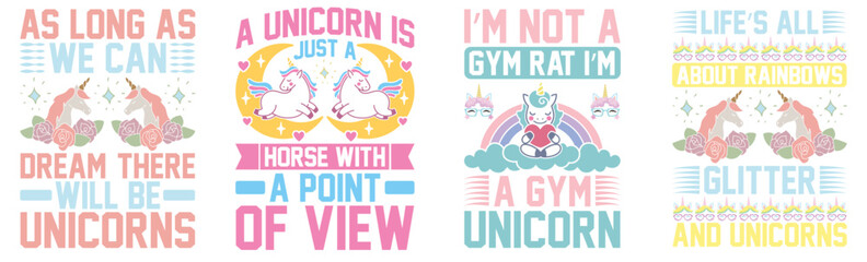 Modern Unicorn Typographic Emblems, Calligraphy Collection Vector Illustration for Advertising, Holiday Cards, Decal