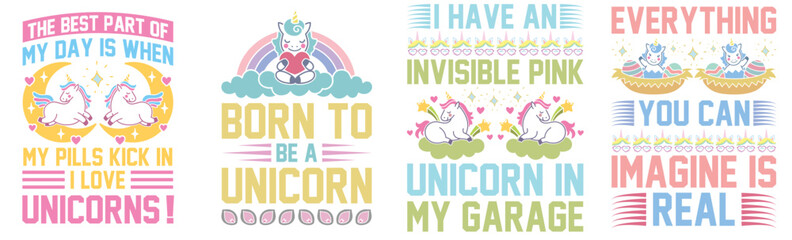 Decorative Unicorn Hand Lettering, Typography Collection Vector Illustration for Postcard, Book Cover, T-Shirt Design