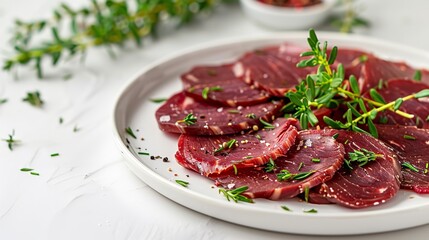 A spotless white dish with dried beef bresaola slices and herbs is shown from above and up against a spotless white background in a studio, Generative AI.