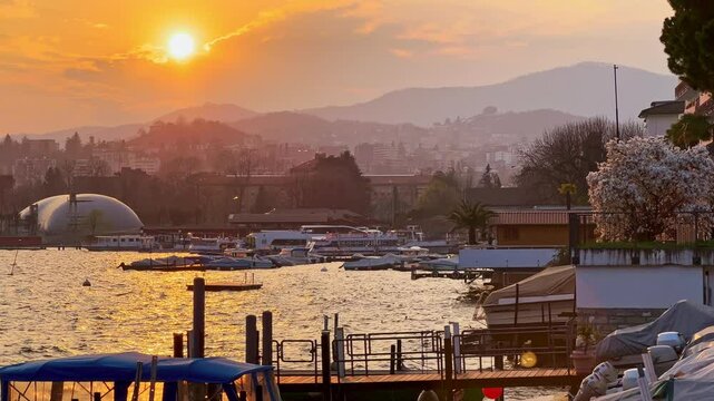 The dusk over the port on Lake Lugano, Lugano, Switzerland
