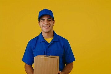 In this illustration, a male professional courier is seen smiling while holding a package against a bright yellow background, representing efficient delivery and exceptional customer service