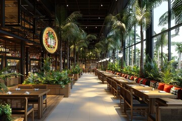 Fototapeta premium Tropical Restaurant Interior with Palm Trees and Glass Walls
