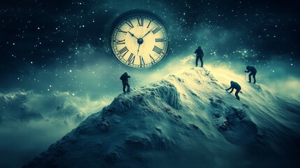 Naklejka premium Climbers celebrate at the peak with a projected countdown clock marking New Year's midnight.