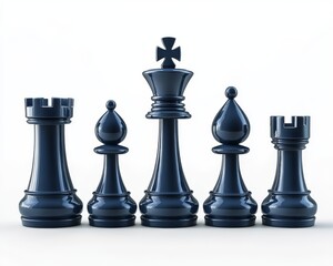 Set of chess pieces. Dark blue objects in cartoon style  on a white background