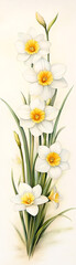 A painting of a bunch of yellow and white flowers. The flowers are in a row and are all facing the same direction. The painting has a serene and peaceful mood, as the flowers are arranged in a simple