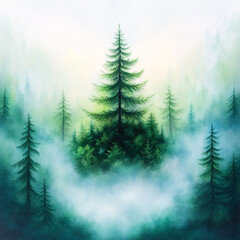 A painting of a forest with a large tree in the middle. The painting has a mood of serenity and calmness