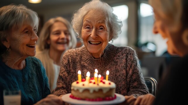 An elderly group celebrating a birthday with a cake and candles, highlighting the community support and joy of shared living spaces.