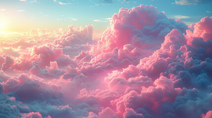 Fototapeta premium Dreamy pastel clouds drifting under a golden sun at dawn with soft hues over a serene sky. Generative AI