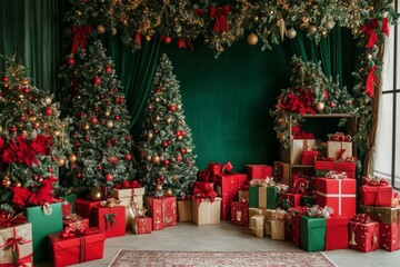 Festive ornaments and twinkling fairy lights decorate this Christmas backdrop