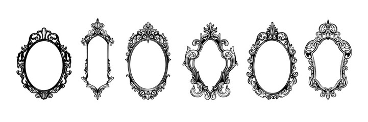 Gothic vintage frame set, vector royal baroque border, dark classic antique ornament, floral oval. Victorian elegant mirror, rococo magic ornate decoration with copy space. Wedding gothic frame kit