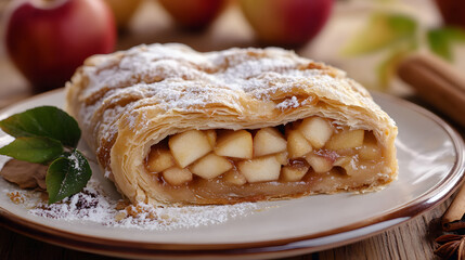 Traditional Austrian apple strudel pastry dessert served on wooden board