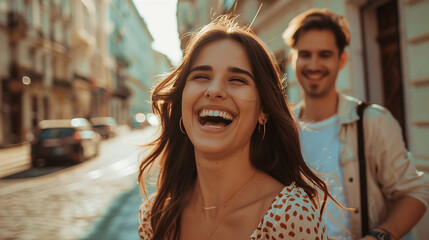 Fototapeta premium Happy woman on the street.