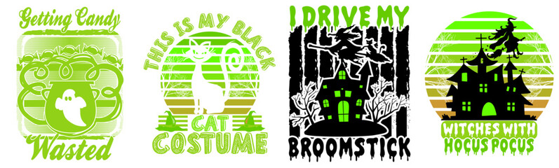Vibrant Halloween Trendy Retro Style Illustration, Labels And Badges Collection Vector Illustration for Printing Press, Banner, Poster