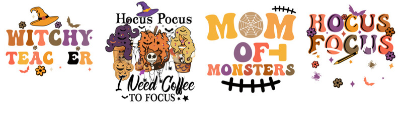Cute Halloween Retro Quotes, Typographic Emblems Pack Vector Illustration for Packaging, Printing Press, Mug Design
