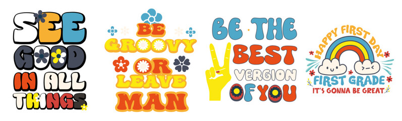 Elegant Groovy Tshirt Design Graphic Typographic Emblems, Phrases Bundle Vector Illustration for Wrapping Paper, Decal, Stationery