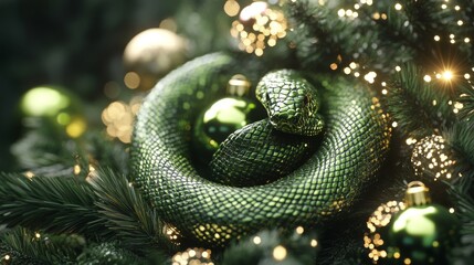 Fototapeta premium An image of a green Christmas snake on a background of balls and branches decorated for Christmas