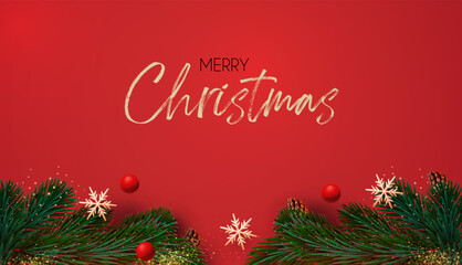 Christmas decoration with fir tree branches, balls and gold snowflakes. Happy New Year traditional design