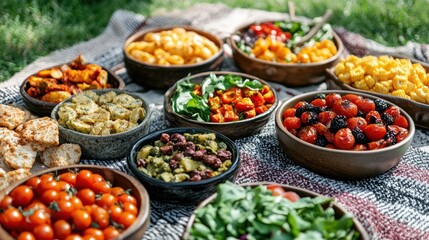 Outdoor picnic scene with a variety of snacks and vegetarian food. Arrange them on a blanket for a casual, healthy meal.