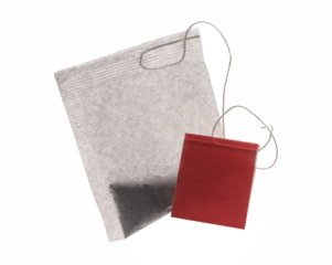 New tea bag with red tab isolated on white 