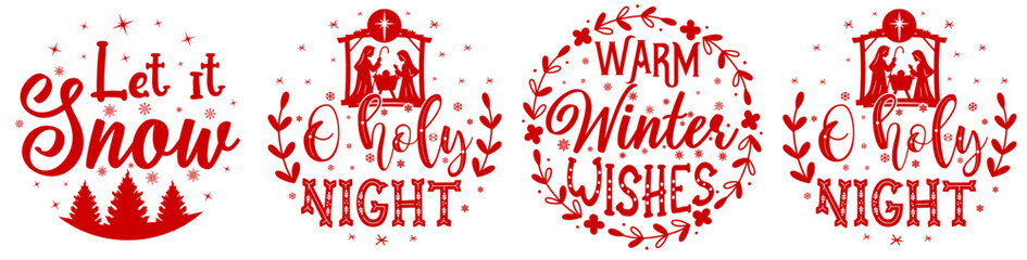 Elegant Christmas Round Ornaments Typographic Emblems, Inscriptions Bundle Vector Illustration for Gift Card, Packaging, Icon