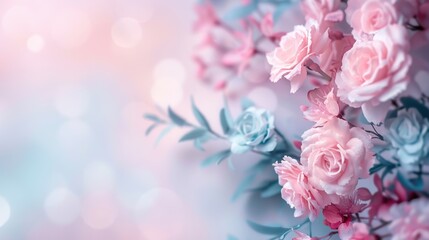 A beautiful arrangement of pink roses with a soft pastel background, creating a dreamy and romantic atmosphere.