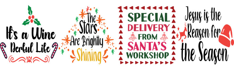Classic Christmas Big Hand Lettering, Phrases Collection Vector Illustration for Holiday Cards, Flyer, Poster