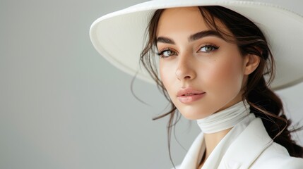 Close-up of elegant young woman in white hat, embodying the sophistication of race day fashion at Melbourne finest horse racing event