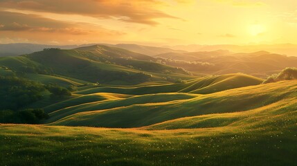 Fototapeta premium Breathtaking Landscape with Rolling Hills and Golden Sunset Capturing Nature’s Beauty