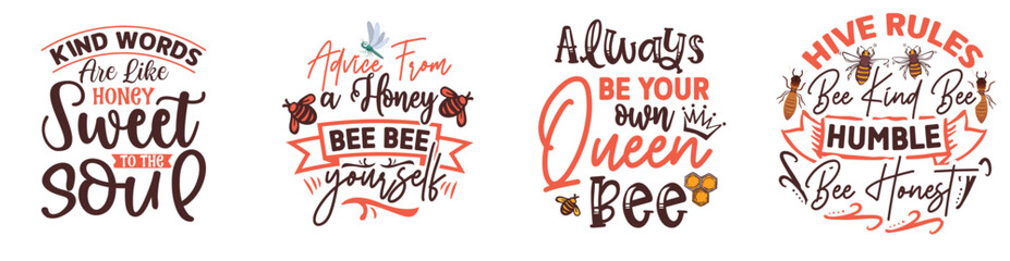 Elegant Bee Quotes, Inscriptions Pack Vector Illustration for Poster, Vouchers, Brochure