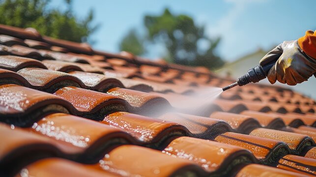 A person cleaning a tiled roof with a pressure washer on a sunny day.