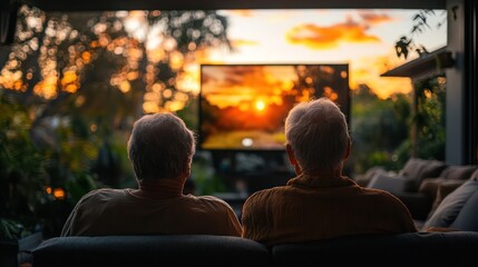 Baby Boomers watching nature documentary together, reflecting shared interests in learning and bonding experience of shared activities.