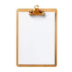 Wooden clipboard with blank paper sheet isolated on transparent background. Idea for office, school, and organizational projects.